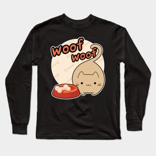 Woof Woof Cat Barking Bone in the Bowl Contradiction Cartoon Long Sleeve T-Shirt